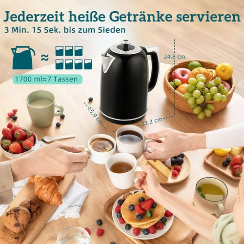 Set Petit-déjeuner Rétro Noir Avec Bouilloire 1,7 L, Grille-pain LED Et Fonction Mémoire 2200 W