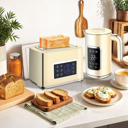 Set Petit-déjeuner Crème Avec Bouilloire Tactile LED 1,7 L Et Grille-pain 2 Fentes Multifonction