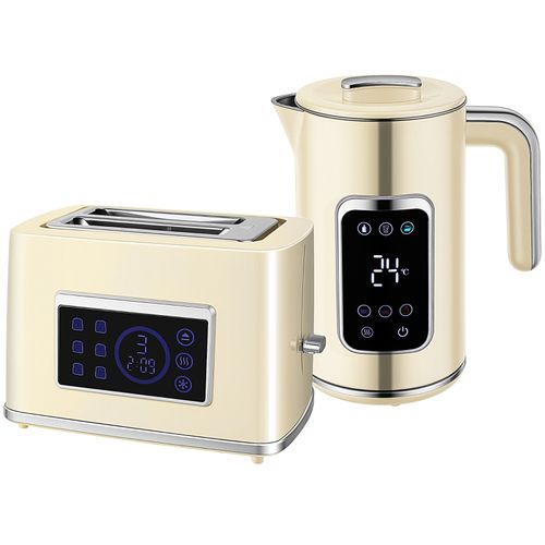 Set Petit-déjeuner Crème Avec Bouilloire Tactile LED 1,7 L Et Grille-pain 2 Fentes Multifonction