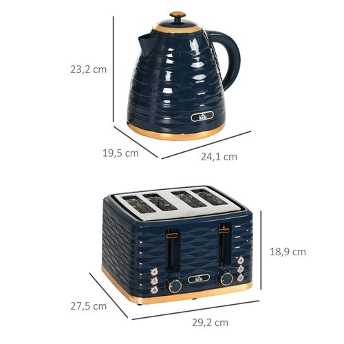 Set Petit-déjeuner 2-en-1 Bouilloire 1,7 l Et Grille-pain 4 Tranches, Design Bleu Élégant