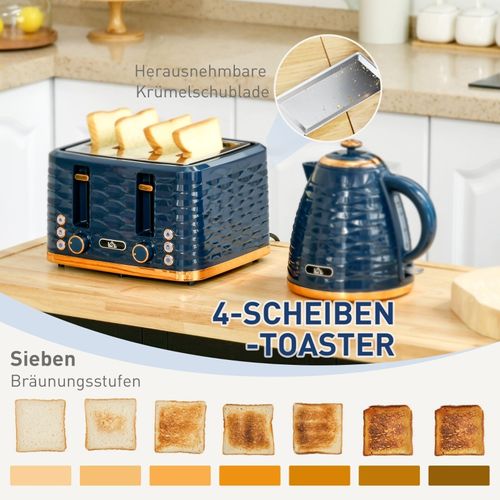 Set Petit-déjeuner 2-en-1 Bouilloire 1,7 l Et Grille-pain 4 Tranches, Design Bleu Élégant