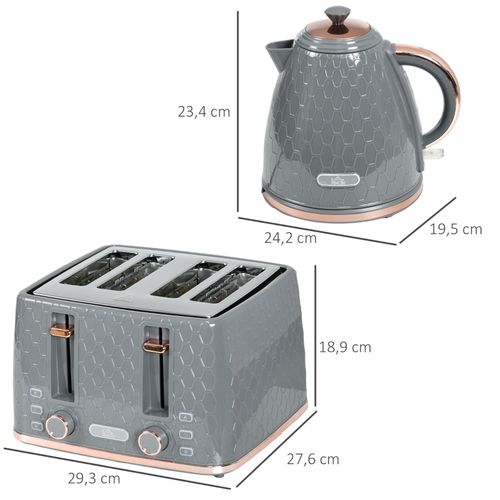 Ensemble Petit Déjeuner 2-en-1 Bouilloire 1,7 l Et Grille-pain 4 Tranches, 7 Niveaux, Gris Élégant