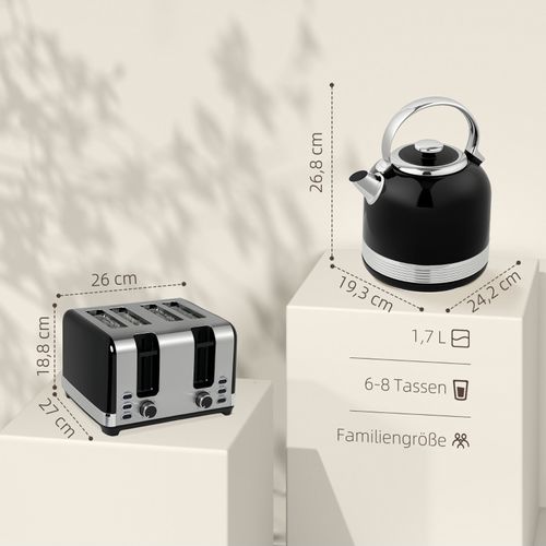 Set Rétro 2-en-1 Noir : Bouilloire 1,7 l Et Grille-pain 4 Tranches En Inox