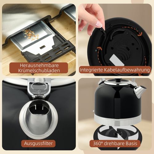 Set Rétro 2-en-1 Noir : Bouilloire 1,7 l Et Grille-pain 4 Tranches En Inox