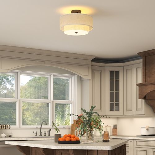 Suspension Moderne à Double Abat-jour En Lin Crème Avec Base Métallique Noire