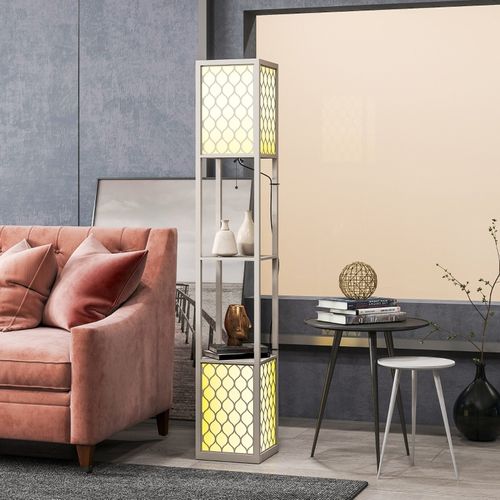 Lampadaire Moderne Avec 2 Étagères Intégrées Et Interrupteur à Chaînette Gris Clair 156 Cm