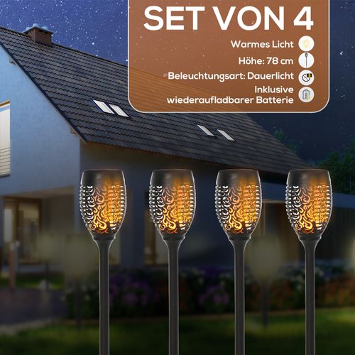 Lot De 4 Lampes Solaires De Jardin LED Ip44, Éclairage Chaud, Piquet Extérieur Noir D.12x72 Cm