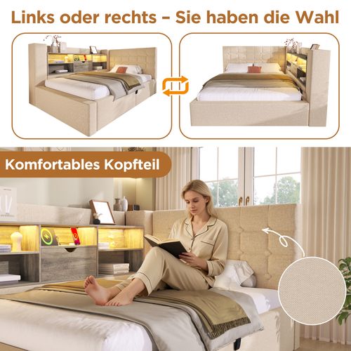 Lit Simple 90x200 Cm Beige Avec LED, Coffre Hydraulique Et Tête L Réversible