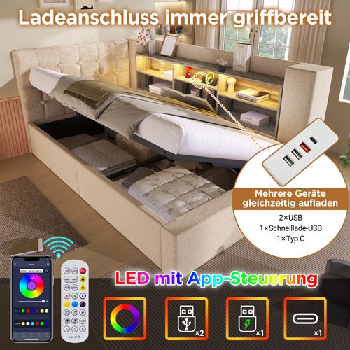 Lit Simple 90x200 Cm Beige Avec LED, Coffre Hydraulique Et Tête L Réversible