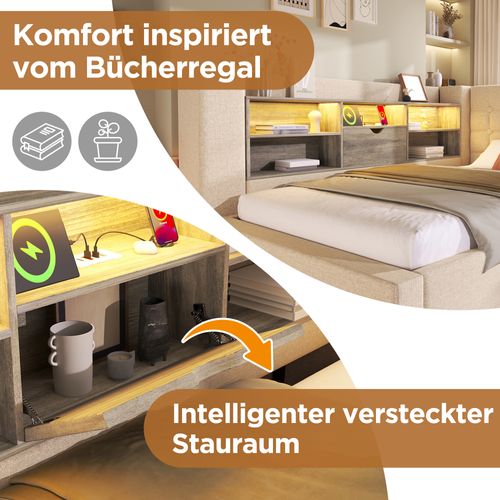 Lit Simple 90x200 Cm Beige Avec LED, Coffre Hydraulique Et Tête L Réversible