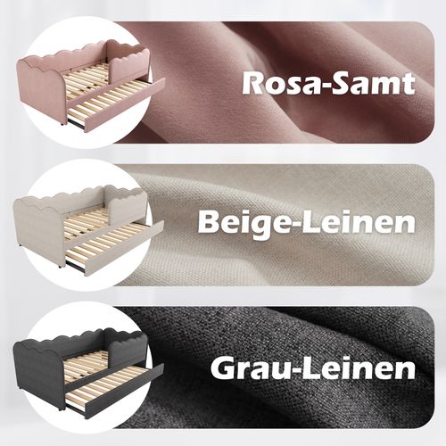 Lit Gigogne 90x190 cm Rose En Lin Avec Tiroir Extensible Et Design Nuage