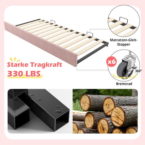 Lit Gigogne 90x190 cm Rose En Lin Avec Tiroir Extensible Et Design Nuage