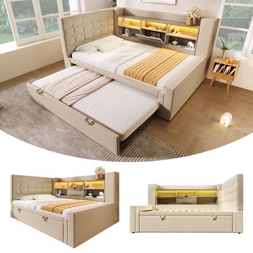 Lit Simple 90x200 cm Beige Avec Lit Gigogne, LED Et Rangement Intégré