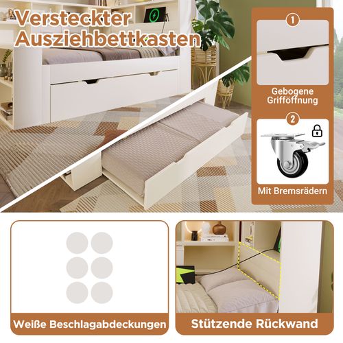 Lit Simple 90x190 Cm Blanc Avec Lit Gigogne, Rangements 3 Côtés Et Ports USB/type-c Intégrés