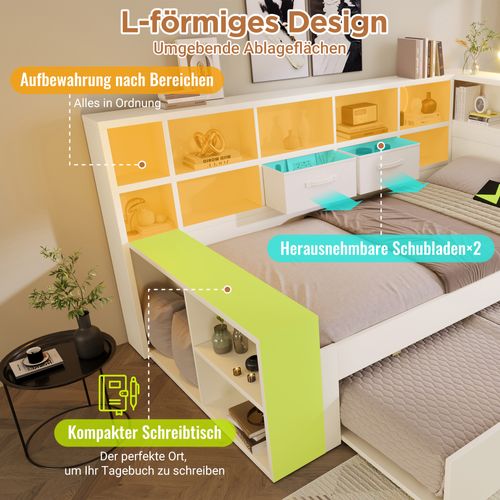 Lit Simple 90x190 Cm Blanc Avec Lit Gigogne, Rangements 3 Côtés Et Ports USB/type-c Intégrés