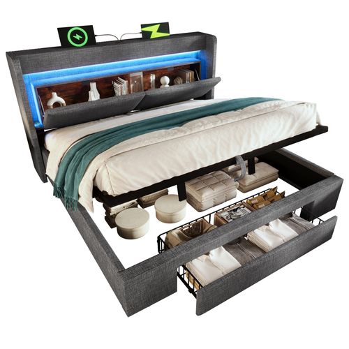 Lit Capitonné 160x200 Cm Gris Avec Coffre Hydraulique, Tête De Lit LED Et Ports USB/usb-c