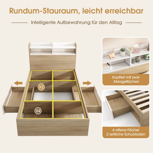 Lit Simple 90x200 Cm Blanc Et Chêne Avec Étagères, 2 Tiroirs Et Rangement Intégré