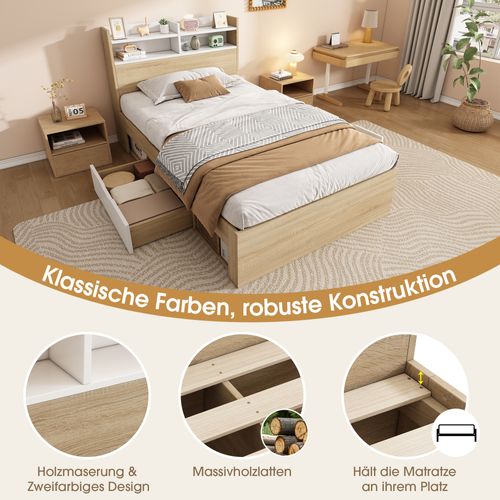 Lit Simple 90x200 Cm Blanc Et Chêne Avec Étagères, 2 Tiroirs Et Rangement Intégré