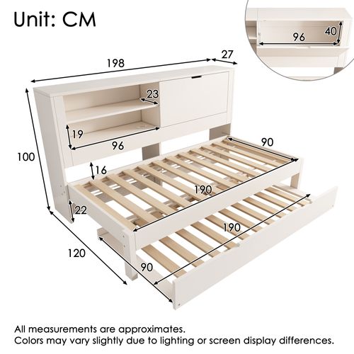 Canapé-lit 90x190 Cm Blanc Avec Lit Gigogne, Rangement Et Station USB/usb‑c Intégrée