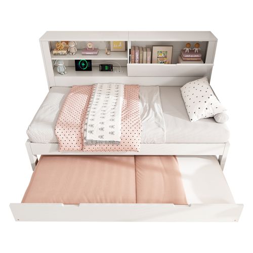 Canapé-lit 90x200 Cm Blanc Avec Lit Gigogne 90x190 Et Rangement USB/usb‑c Intégré