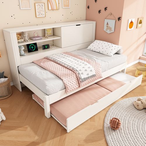 Canapé-lit 90x200 Cm Blanc Avec Lit Gigogne 90x190 Et Rangement USB/usb‑c Intégré