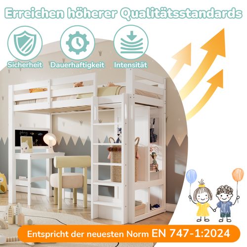 Lit Mezzanine Enfant 90x200 cm Avec Bureau, Penderie Et Étagères Blanches Sécurisées
