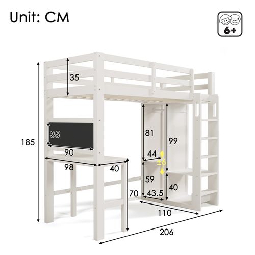 Lit Mezzanine Enfant 90x200 cm Avec Bureau, Penderie Et Étagères Blanches Sécurisées