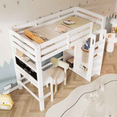 Lit Mezzanine Enfant 90x200 cm Avec Bureau, Penderie Et Étagères Blanches Sécurisées