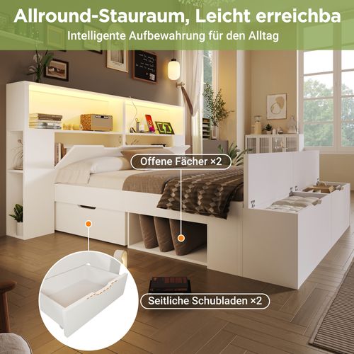 Lit Bois 140x200 Blanc Avec LED, USB, Tiroirs, Banquette Et Rangements Intégrés