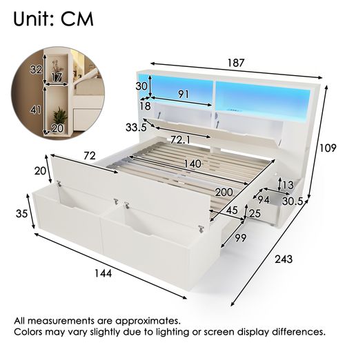 Lit Bois 140x200 Blanc Avec LED, USB, Tiroirs, Banquette Et Rangements Intégrés