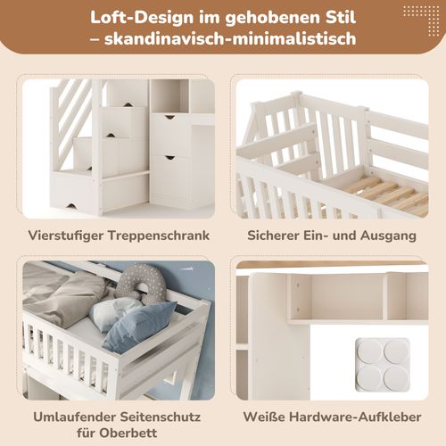 Lit Mezzanine Enfant 90x200 Blanc Avec Escalier-rangement Et Bureau D'angle