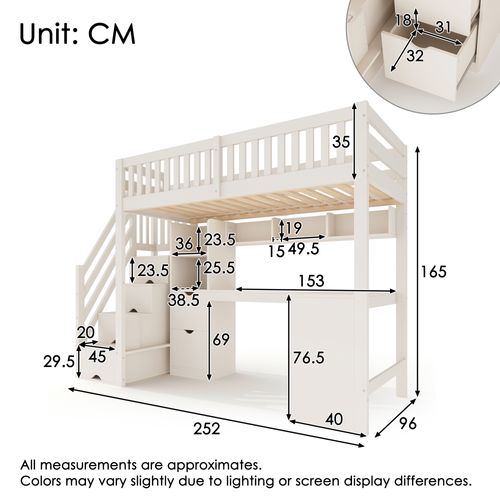 Lit Mezzanine Enfant 90x200 Blanc Avec Escalier-rangement Et Bureau D'angle