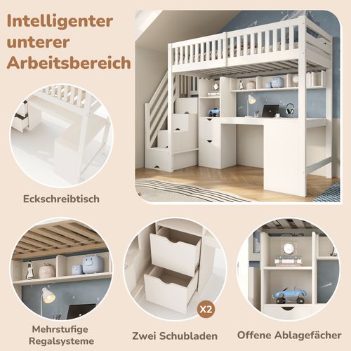 Lit Mezzanine Enfant 90x200 Blanc Avec Escalier-rangement Et Bureau D'angle