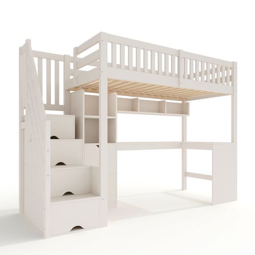 Lit Mezzanine Enfant 90x200 Blanc Avec Escalier-rangement Et Bureau D'angle
