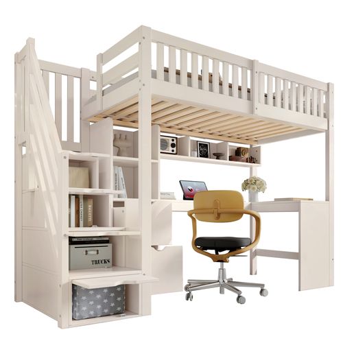Lit Mezzanine Enfant 90x200 Blanc Avec Escalier-rangement Et Bureau D'angle
