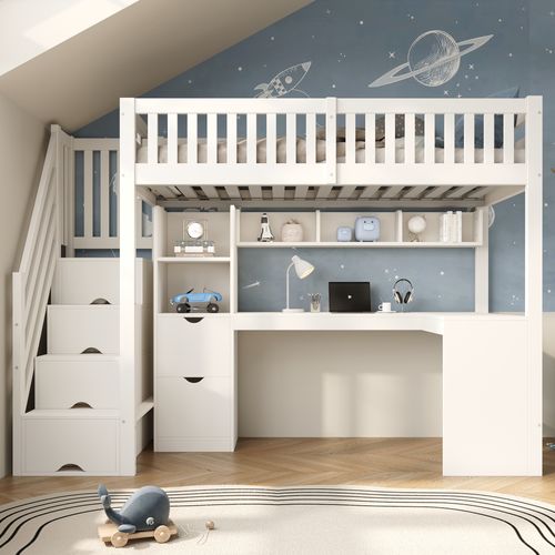 Lit Mezzanine Enfant 90x200 Blanc Avec Escalier-rangement Et Bureau D'angle