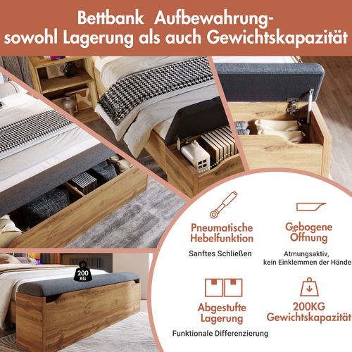 Lit Double 160x200 Cm Bois Avec Tête Relevable, Rangements, Lampes USB Et Banc