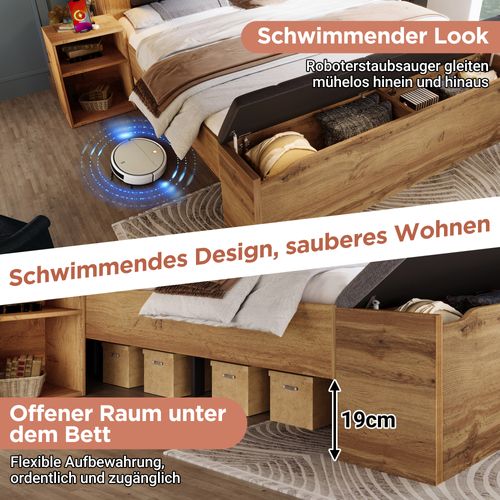 Lit Double 160x200 Cm Bois Avec Tête Relevable, Rangements, Lampes USB Et Banc