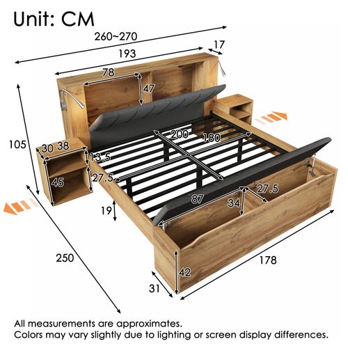 Lit Double 180x200 Cm Bois Avec Tête Relevable, Lampes USB Et Banc De Rangement