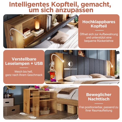 Lit Double 180x200 Cm Bois Avec Tête Relevable, Lampes USB Et Banc De Rangement