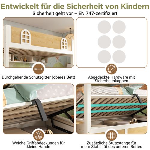 Lit Superposé Enfant 90x200 Cm Blanc Et Bois Avec Escalier Coffre Et Rangements Intégrés