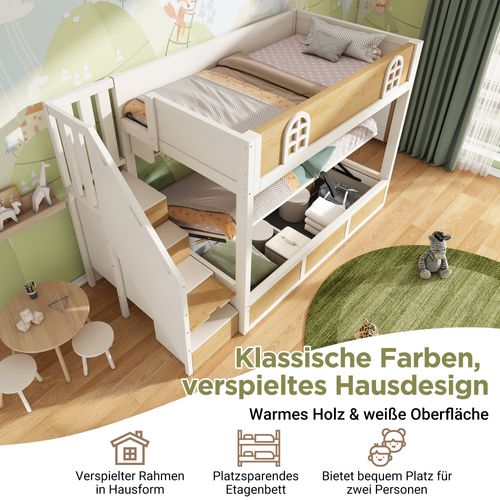 Lit Superposé Enfant 90x200 Cm Blanc Et Bois Avec Escalier Coffre Et Rangements Intégrés