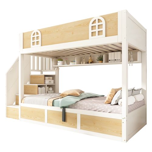 Lit Superposé Enfant 90x200 Cm Blanc Et Bois Avec Escalier Coffre Et Rangements Intégrés