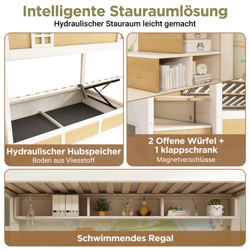 Lit Superposé Enfant 90x200 Cm Blanc Et Bois Avec Escalier Coffre Et Rangements Intégrés