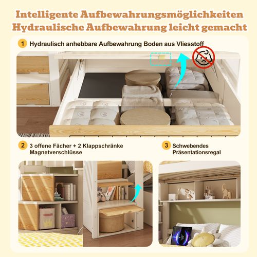 Lit Superposé Enfant Et Adulte 90x200 et 140x200 Cm Blanc Et Bois Avec Escalier Coffre Et USB‑c