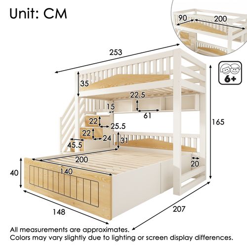 Lit Superposé Enfant Et Adulte 90x200 et 140x200 Cm Blanc Et Bois Avec Escalier Coffre Et USB‑c