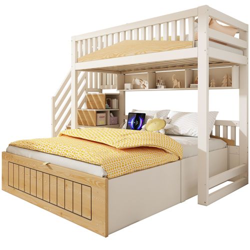 Lit Superposé Enfant Et Adulte 90x200 et 140x200 Cm Blanc Et Bois Avec Escalier Coffre Et USB‑c
