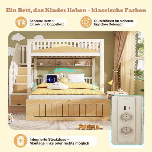 Lit Superposé Enfant Et Adulte 90x200 et 140x200 Cm Blanc Et Bois Avec Escalier Coffre Et USB‑c