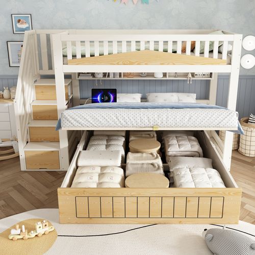 Lit Superposé Enfant Et Adulte 90x200 et 140x200 Cm Blanc Et Bois Avec Escalier Coffre Et USB‑c
