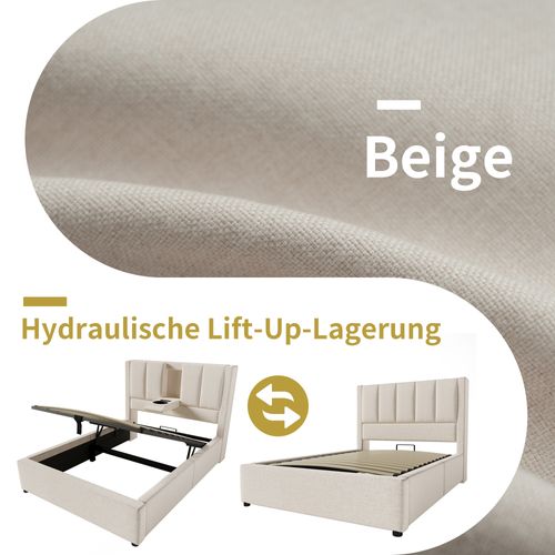 Lit Simple 90x200 Cm Beige En Lin Avec Rangement Hydraulique, LED, Porte-gobelet Et Ports USB‑c